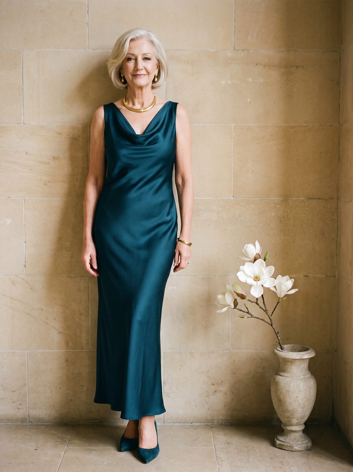 Vivienne in a teal silk dress against a sunlit stone wall