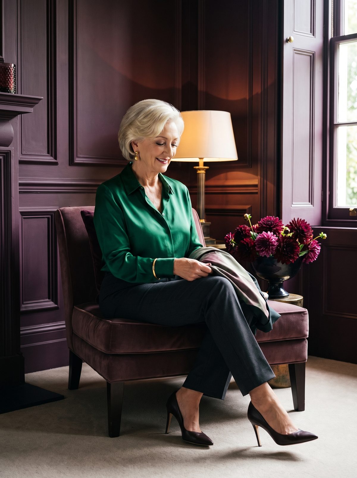 Vivienne seated in a panelled room in an emerald blouse and tailored trousers