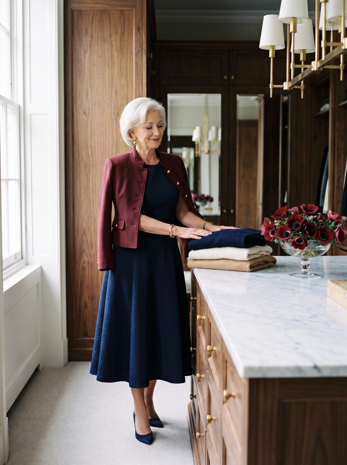 Vivienne in navy and burgundy, laying out folded pieces in a dressing room