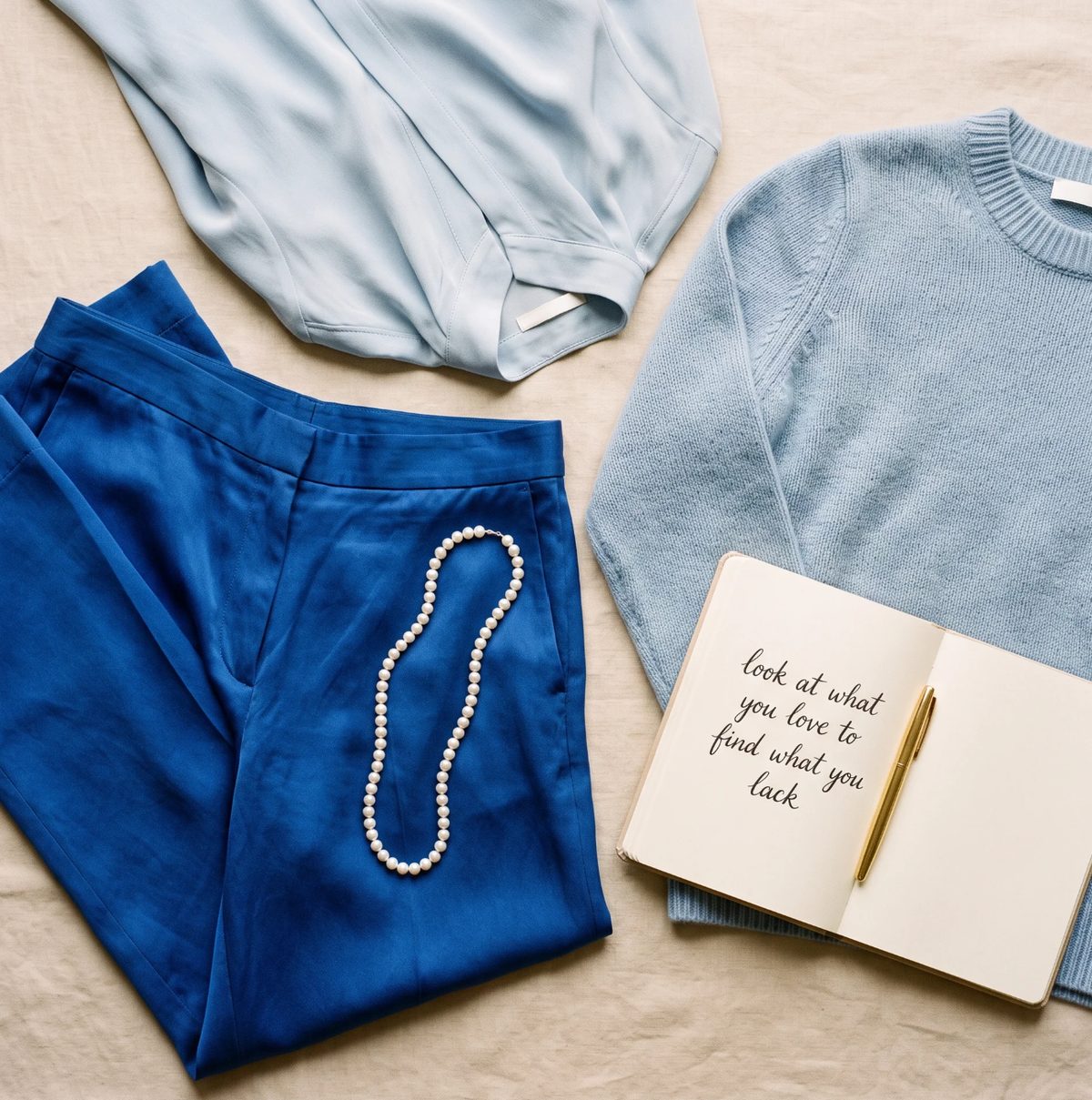 A flat lay of silk trousers, cashmere, pearls and an open notebook