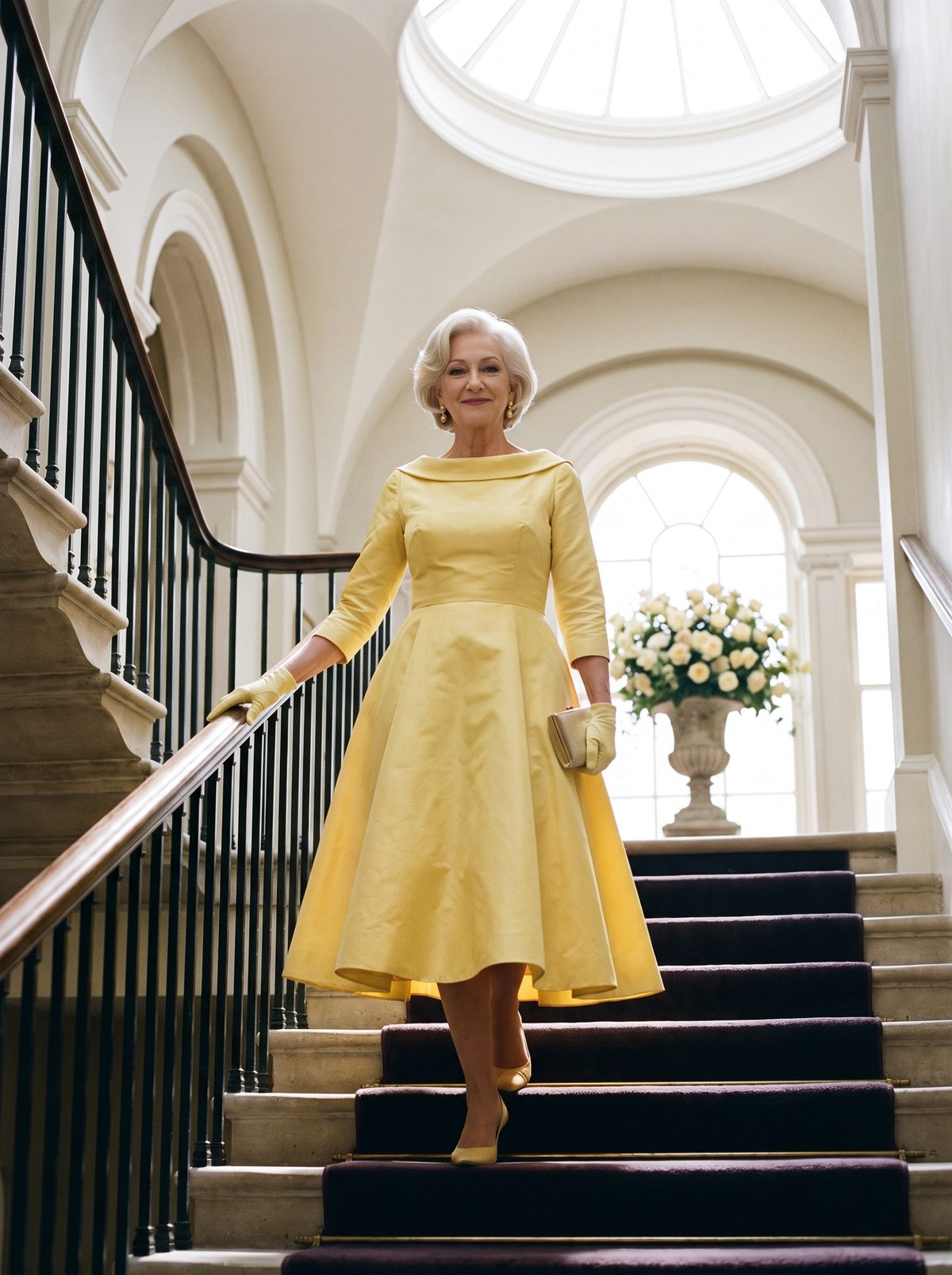 Vivienne in a yellow dress descending a sunlit staircase