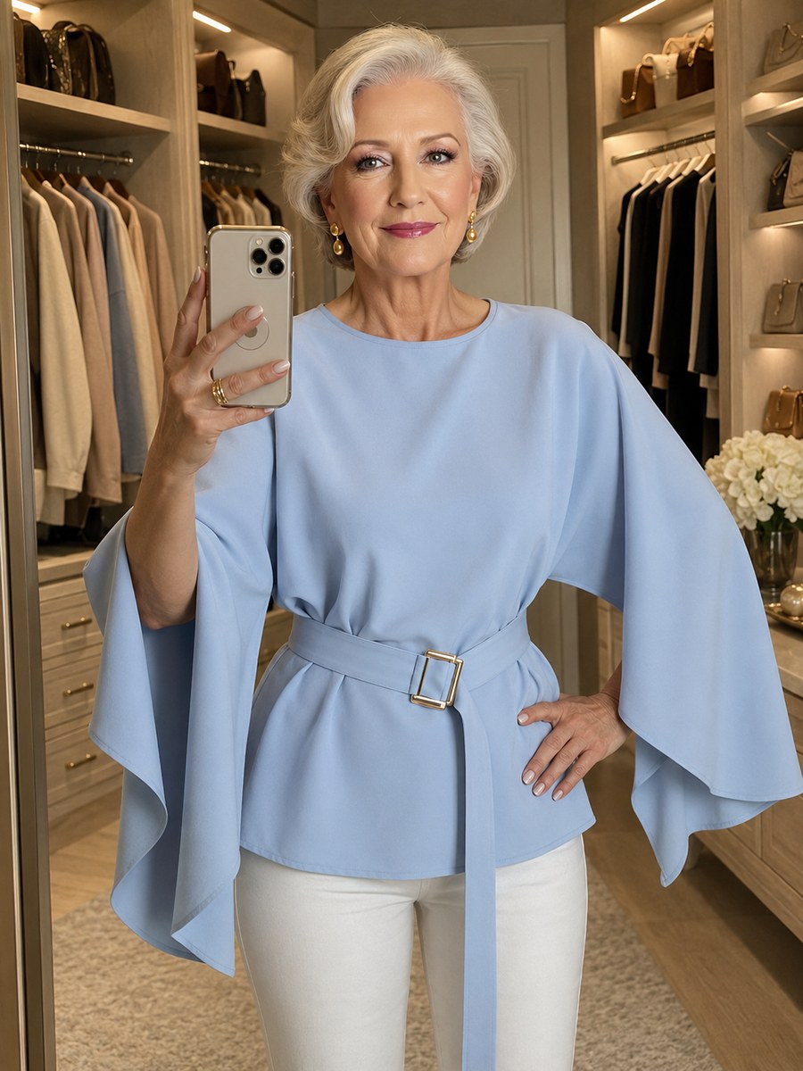 Light blue long-sleeve peplum shirt with a belted waist
