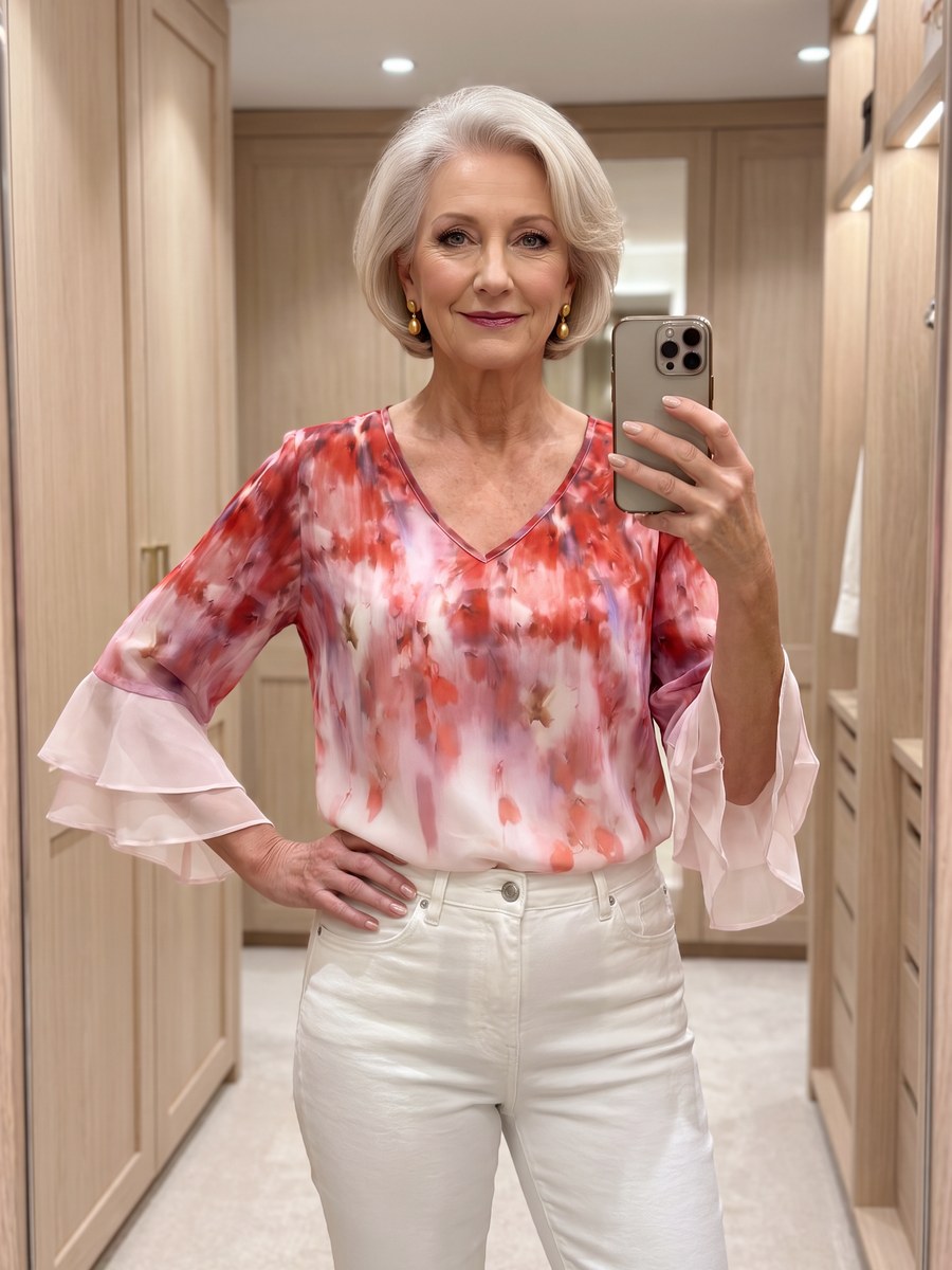 Pink and red watercolour floral blouse with three-quarter sleeves
