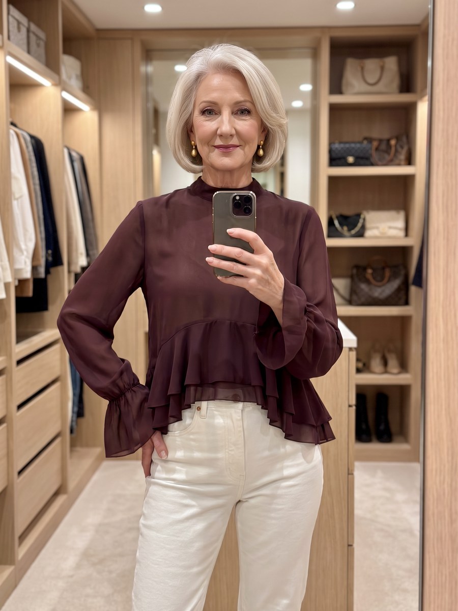 Dark brown chiffon top with ruffle sleeves and a high-low hem