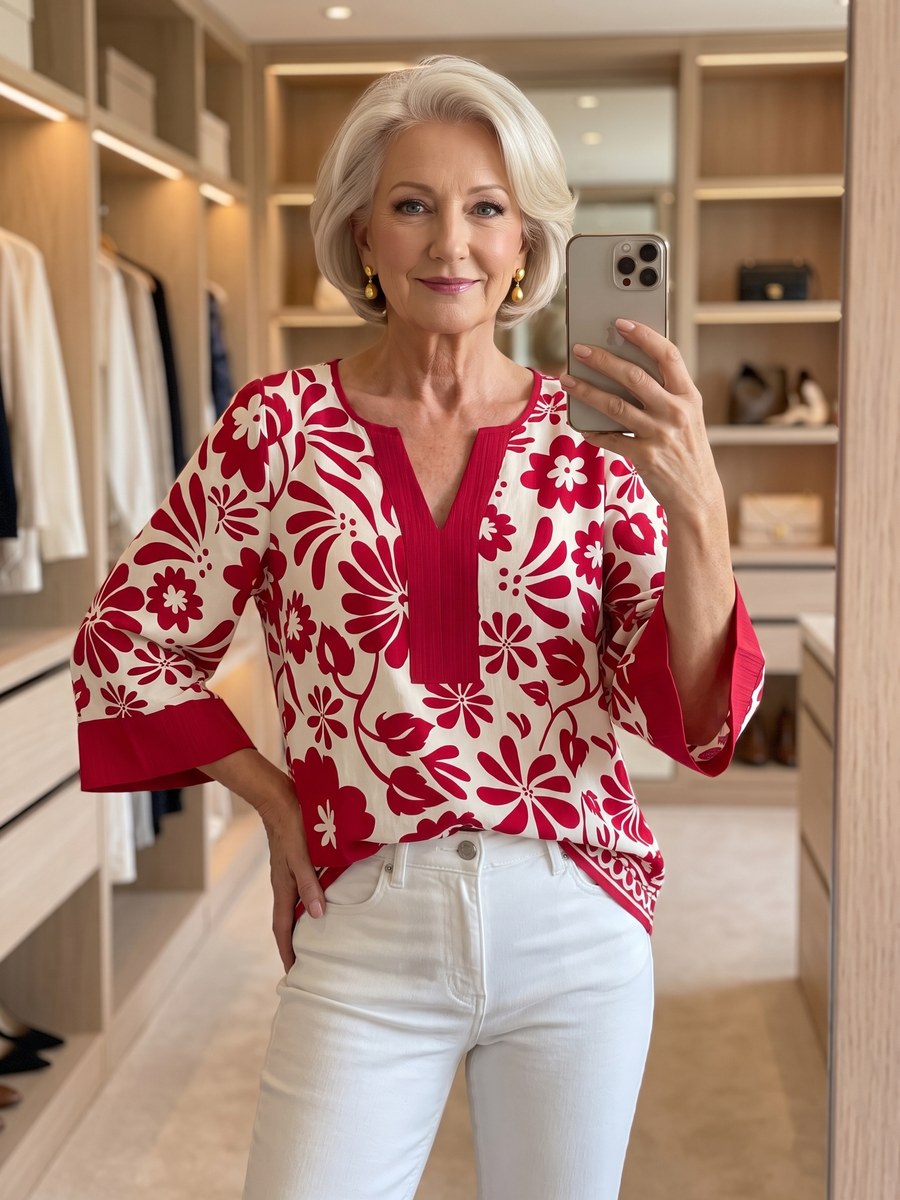 Red and white floral V-neck blouse with a relaxed body