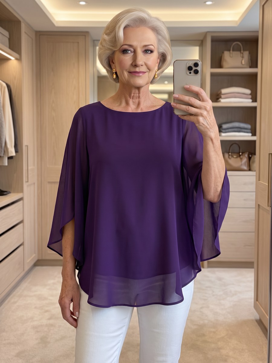 Deep purple chiffon blouse with split flutter sleeves