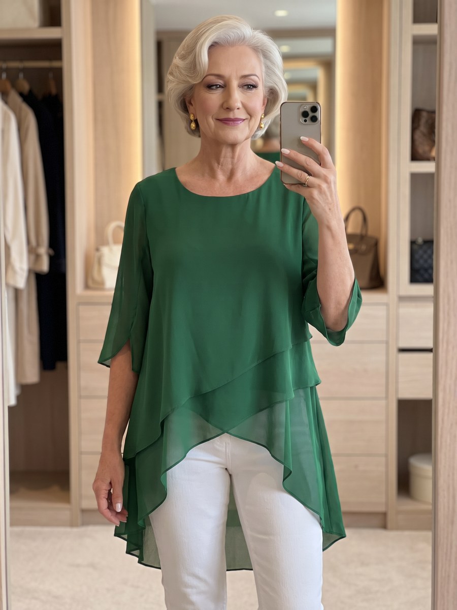 Green chiffon blouse with a high-low hem and slim white trousers