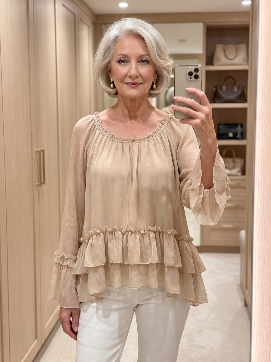Beige layered ruffle top with flared bell sleeves