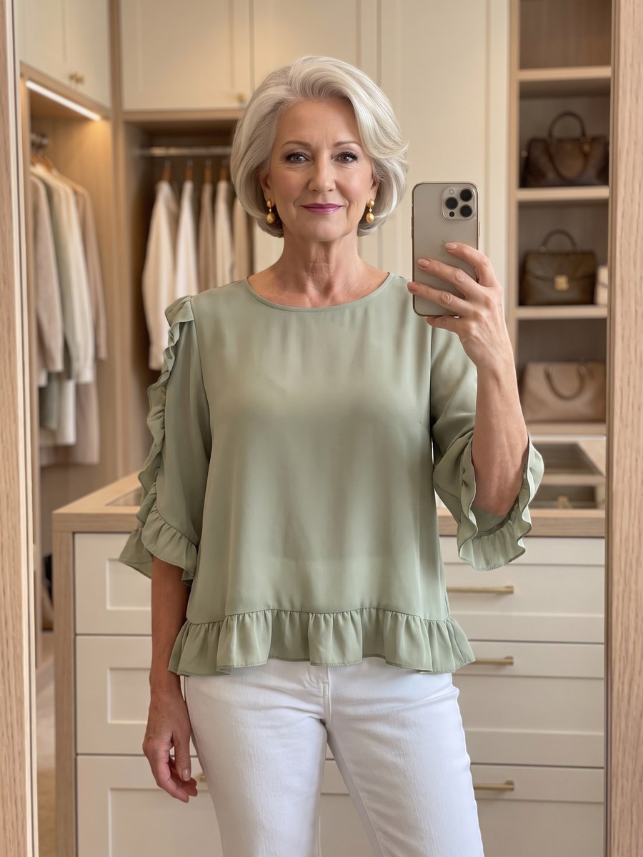 Soft sage three-quarter sleeve blouse with a relaxed fit