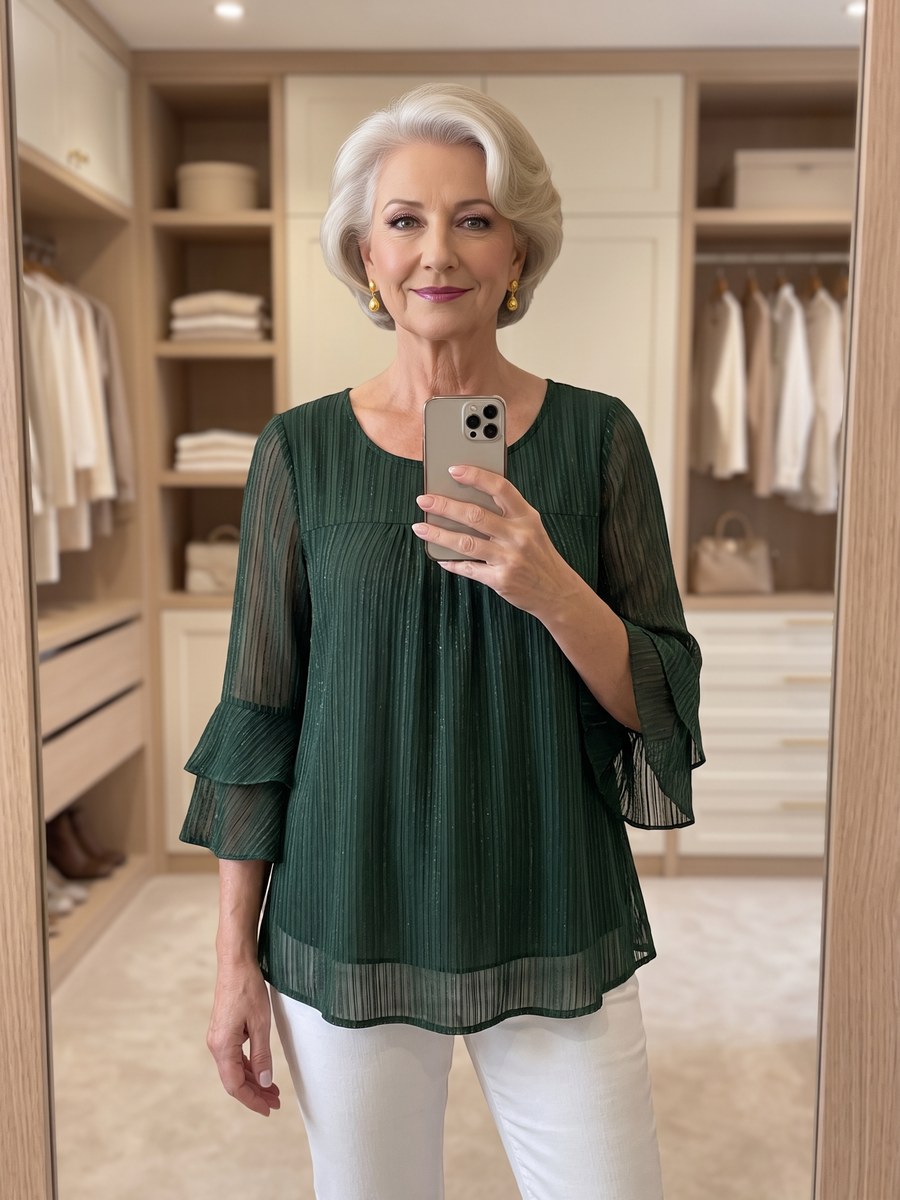 Dark green blouse with ruffled three-quarter sleeves