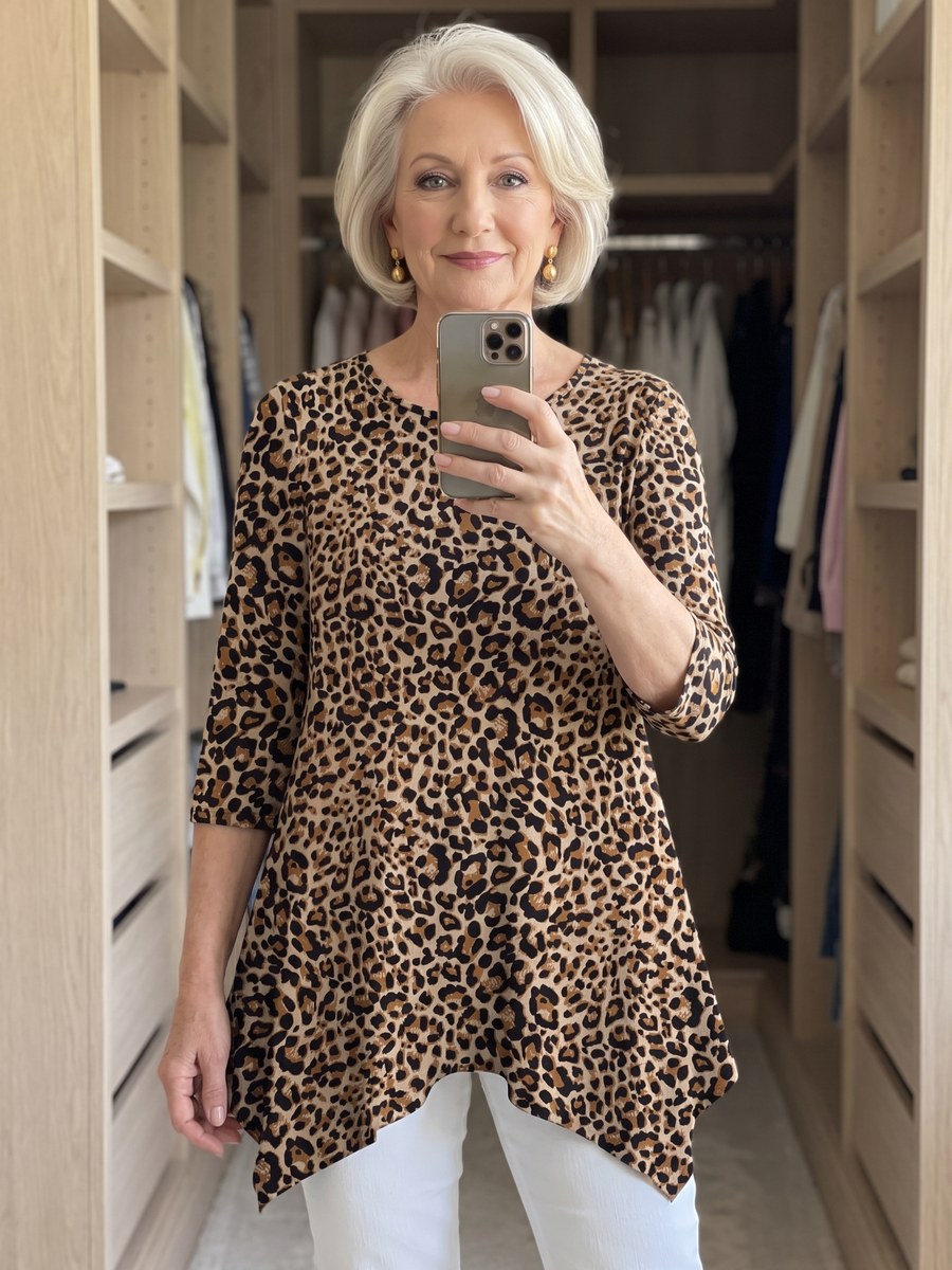 Leopard print tunic with an asymmetrical handkerchief hem