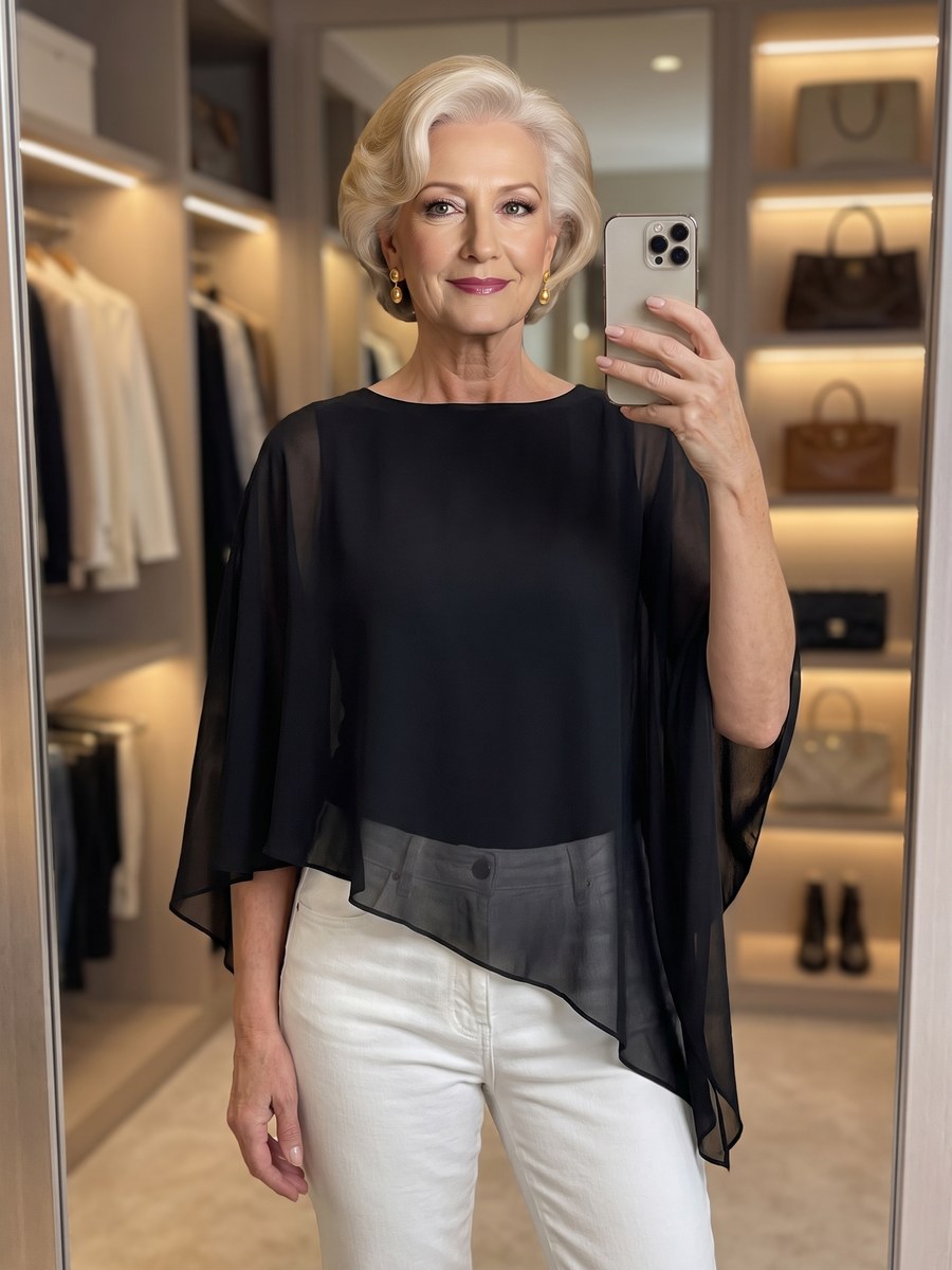 Black asymmetrical poncho top with a draped shoulder