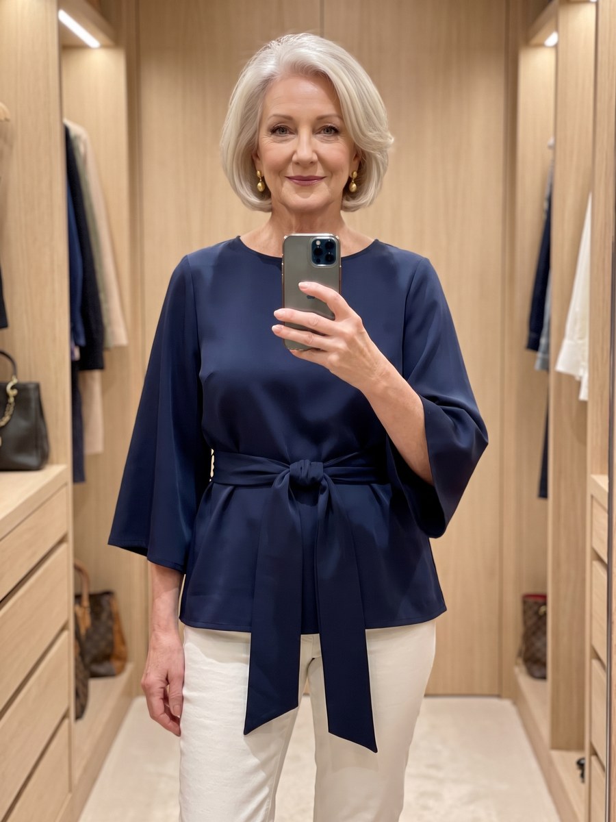Navy blouse with a wrap-style belted waist and bell sleeves