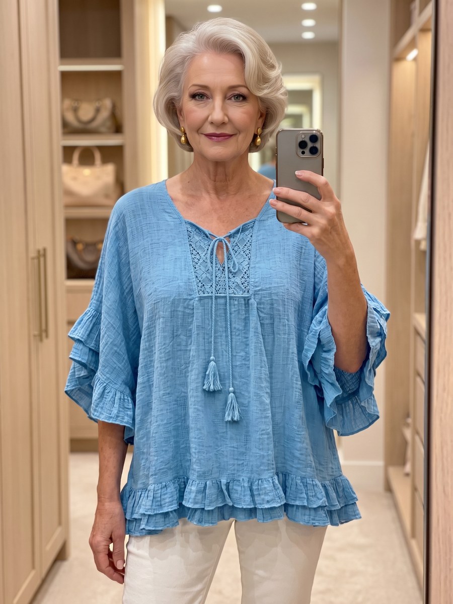Blue linen batwing top with a square neckline