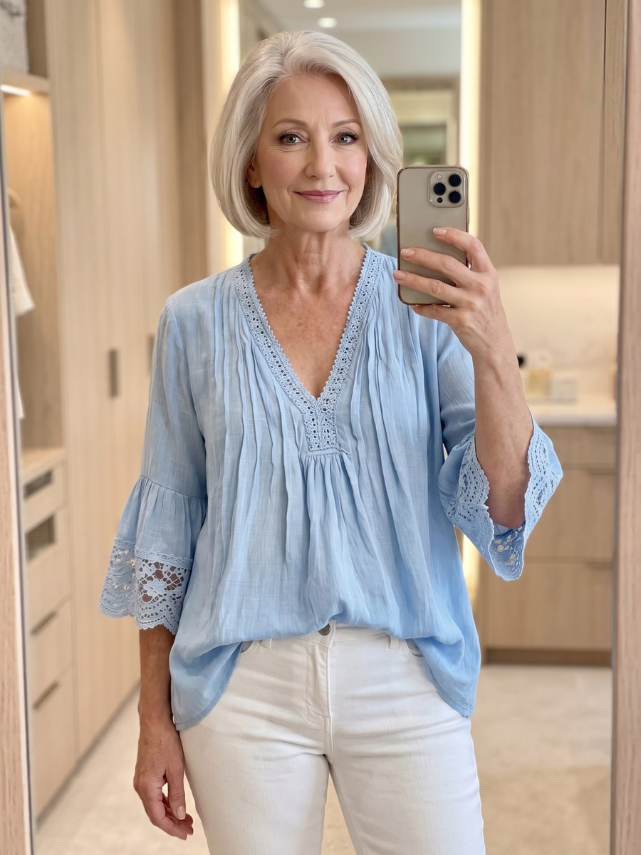 Light blue flare-sleeve V-neck top with a softly irregular hem