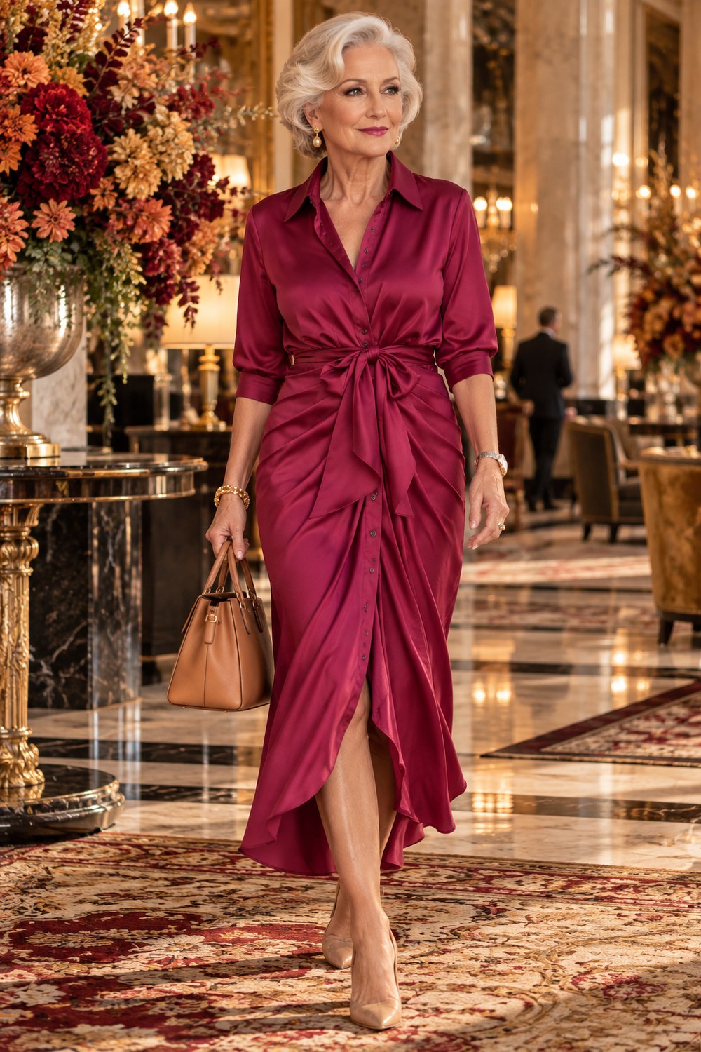 Fall dresses for women over 50 - fuchsia button-down shirtdress with brown boots