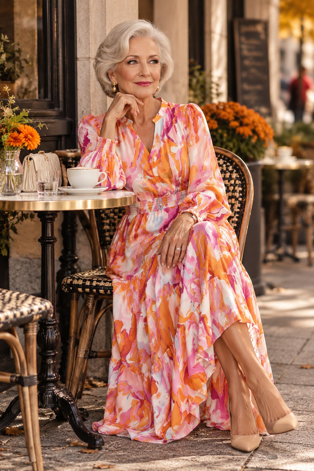 Woman over 50 wearing an orange, pink and purple floral maxi dress with long sleeves