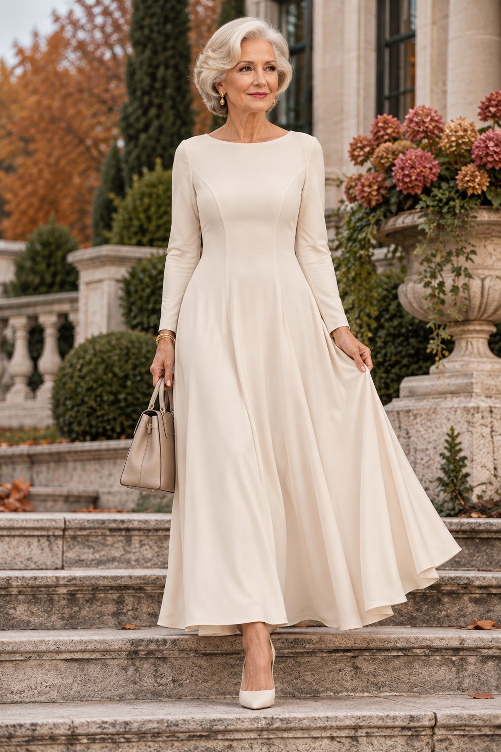 Woman over 50 wearing an ivory long-sleeve A-line maxi wedding guest dress