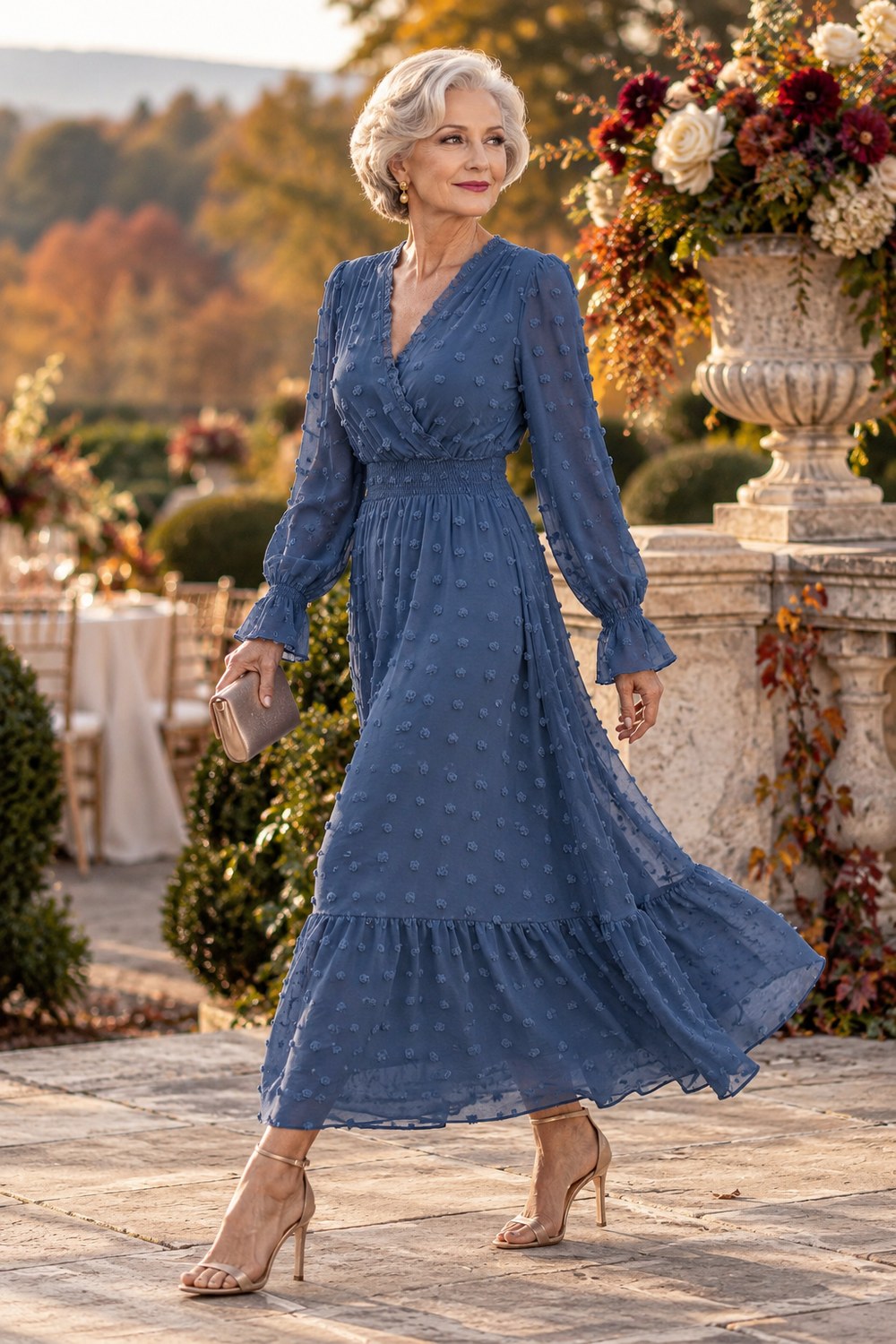 Woman over 50 wearing a dark blue Swiss-dot wrap dress with long sleeves