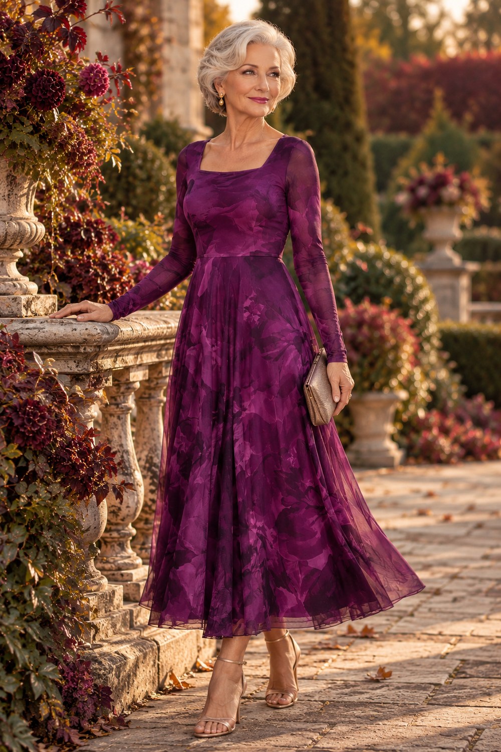 Woman over 50 wearing a plum purple boho maxi dress for fall