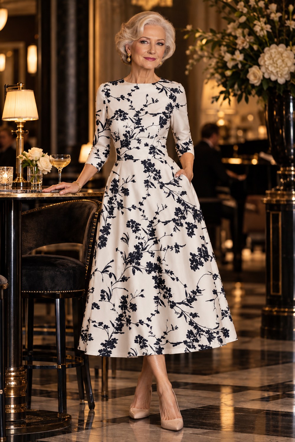 Woman over 50 wearing a black and ivory floral vintage-style midi dress