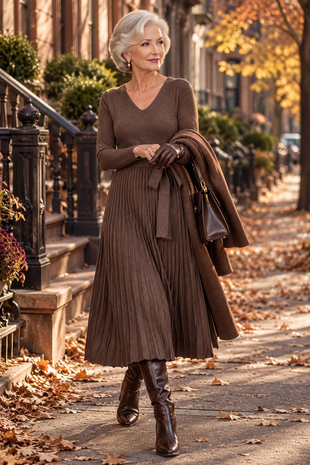 Woman over 50 wearing a cocoa brown wool-blend long-sleeve sweater dress