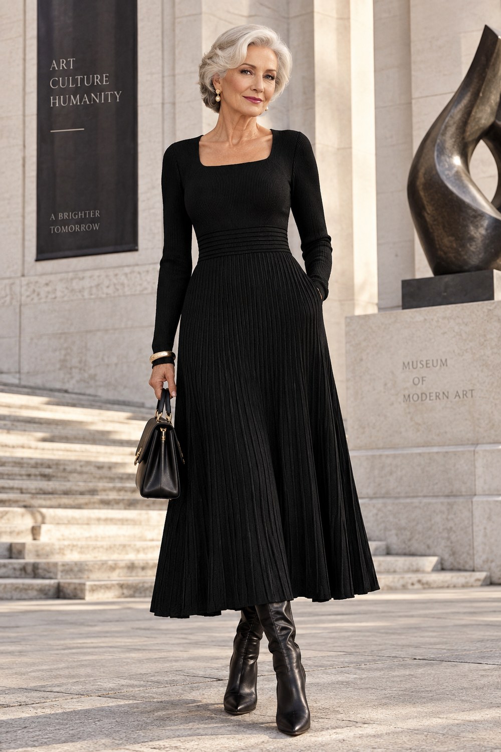 Woman over 50 wearing a black ribbed sweater midi dress for fall