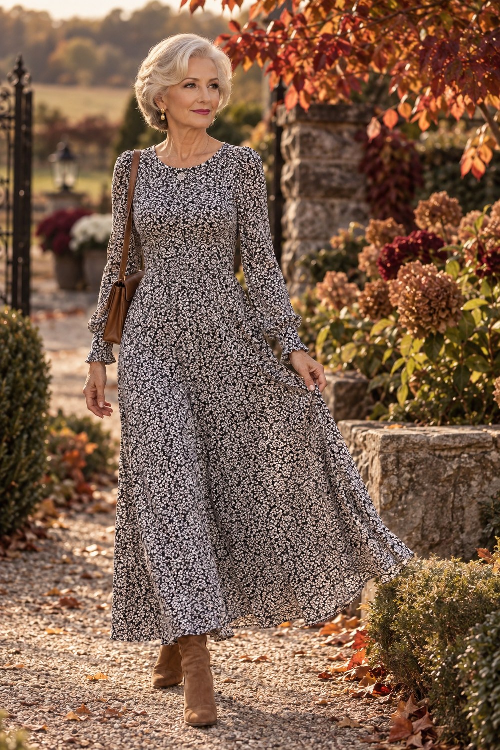 Woman over 50 wearing an autumn floral long-sleeve maxi dress