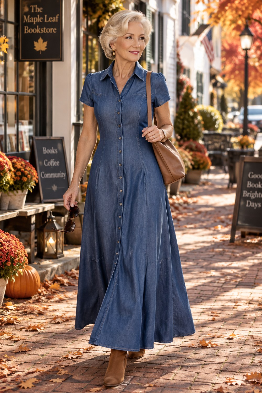 Woman over 50 wearing a relaxed short-sleeve denim maxi dress
