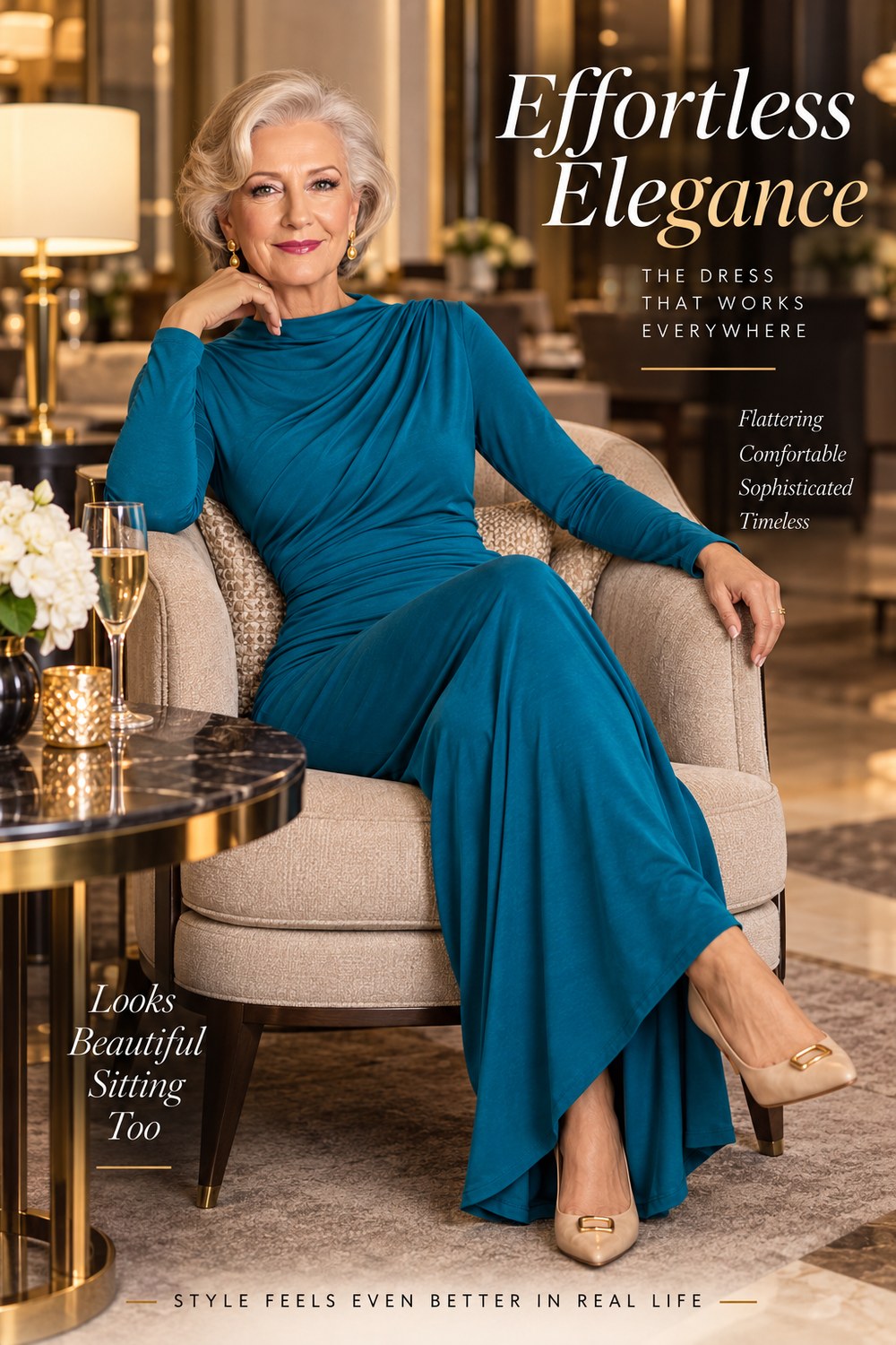 Woman over 50 seated in a teal long-sleeve maxi dress, showing a dress that stays comfortable sitting down