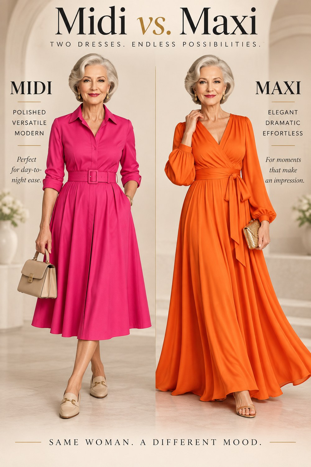 Midi versus maxi fall dresses for women over 50 compared side by side