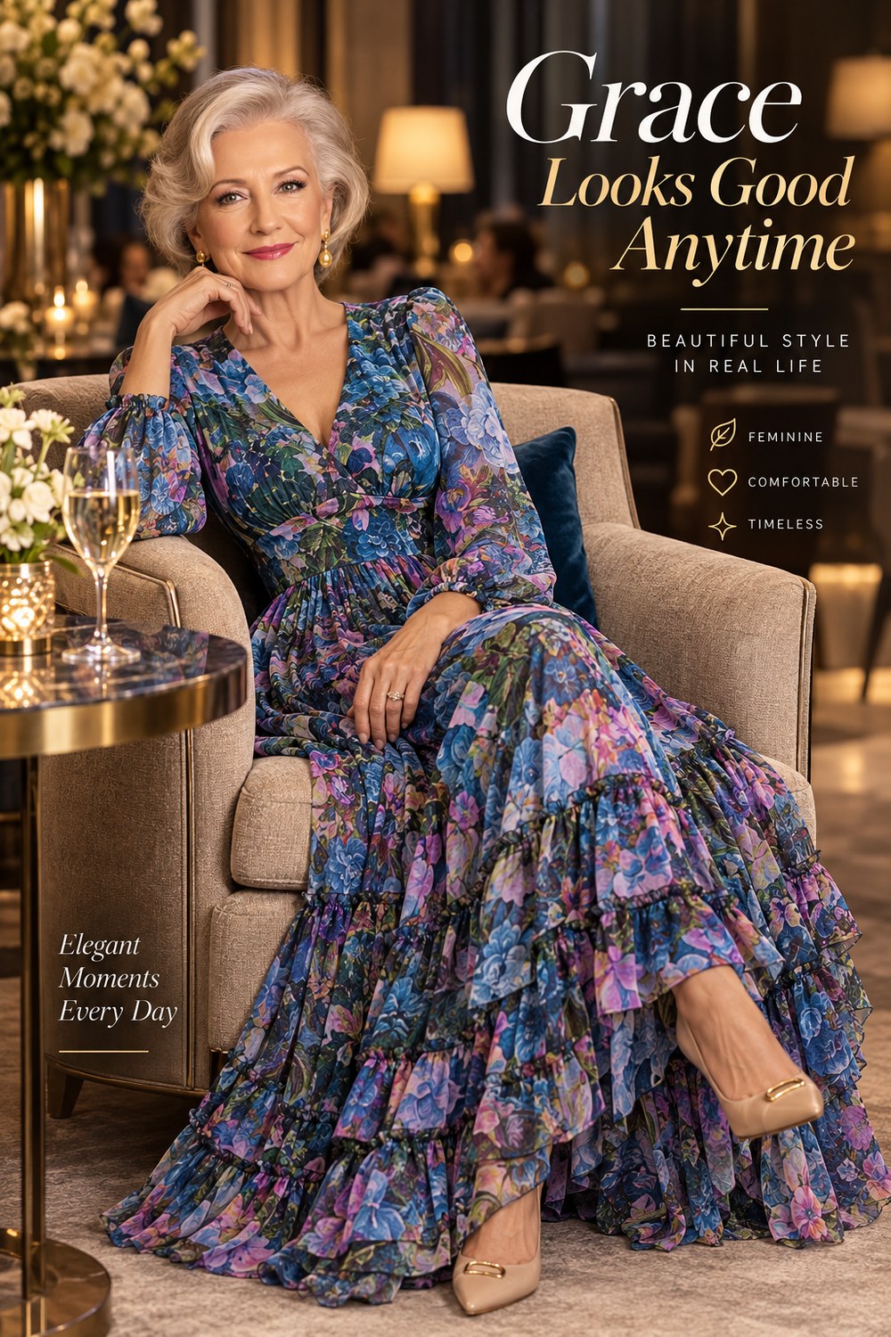 Woman over 50 seated in a blue and purple floral maxi dress in an elegant setting