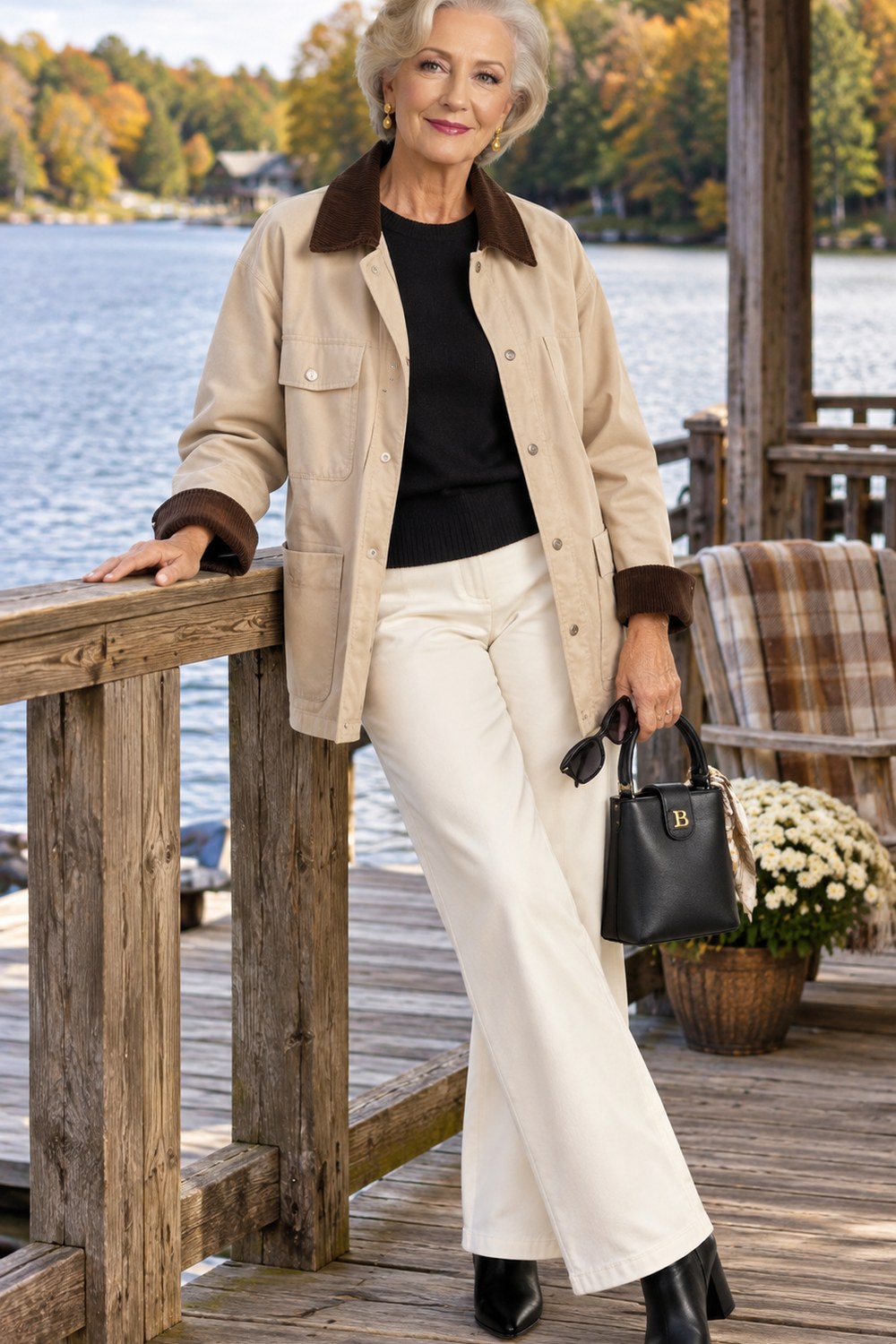 White straight-leg jeans for fall with a cream barn jacket, black sweater and black ankle boots