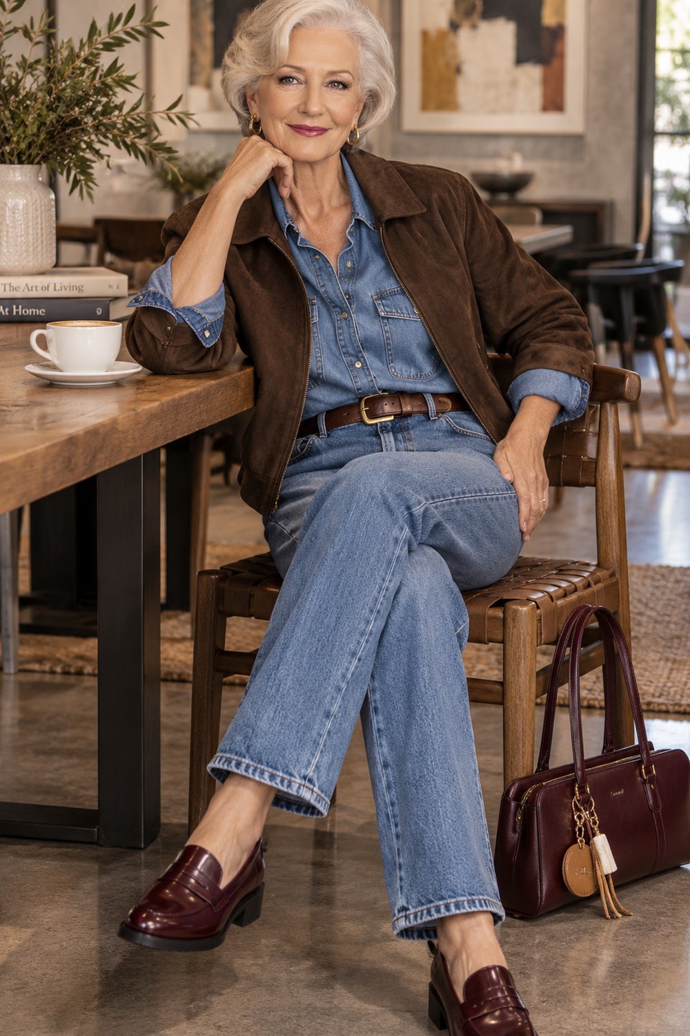 Brown suede bomber jacket with a denim shirt, straight-leg jeans and burgundy loafers