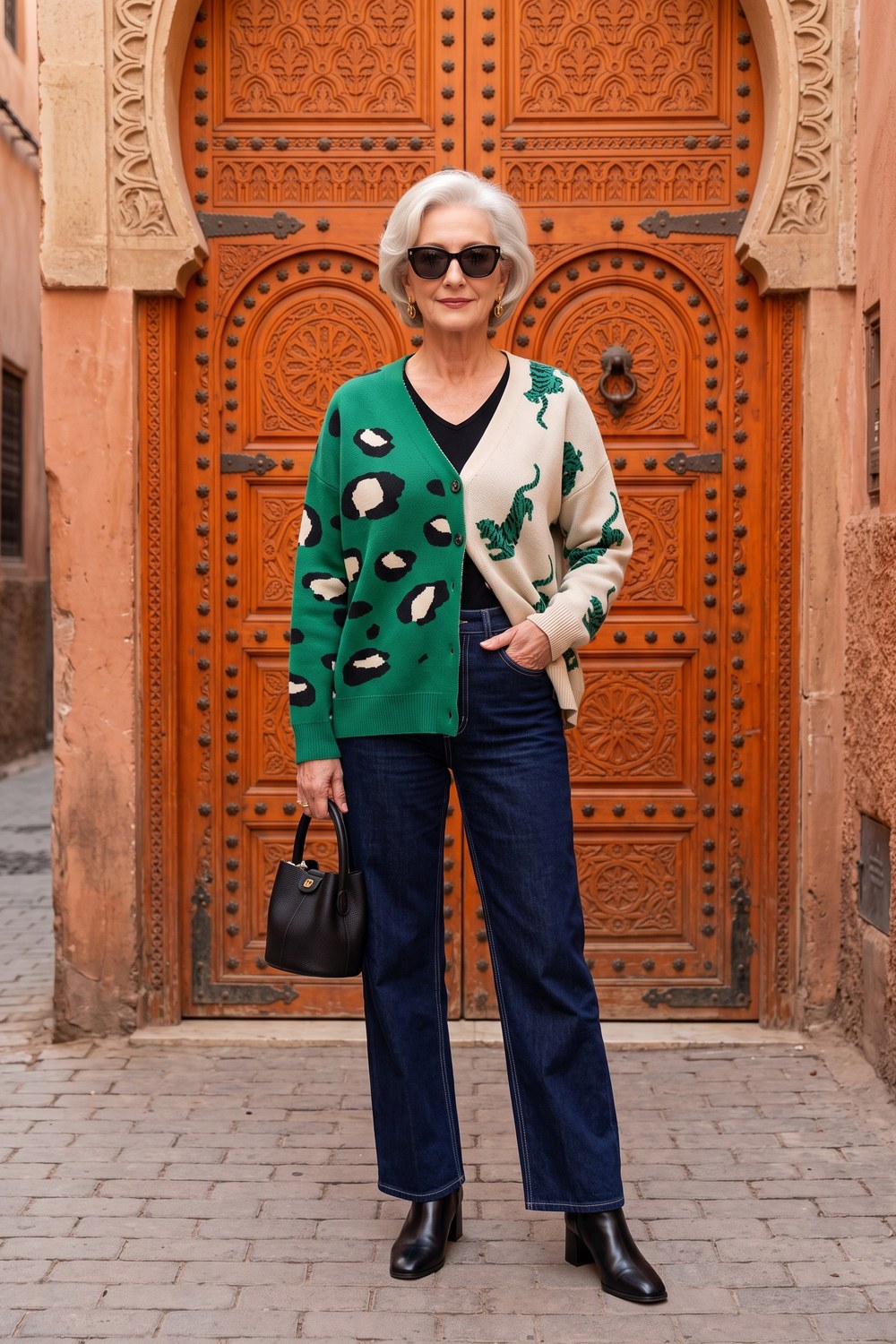 Dark straight-leg jeans with a printed green cardigan, black top and black ankle boots