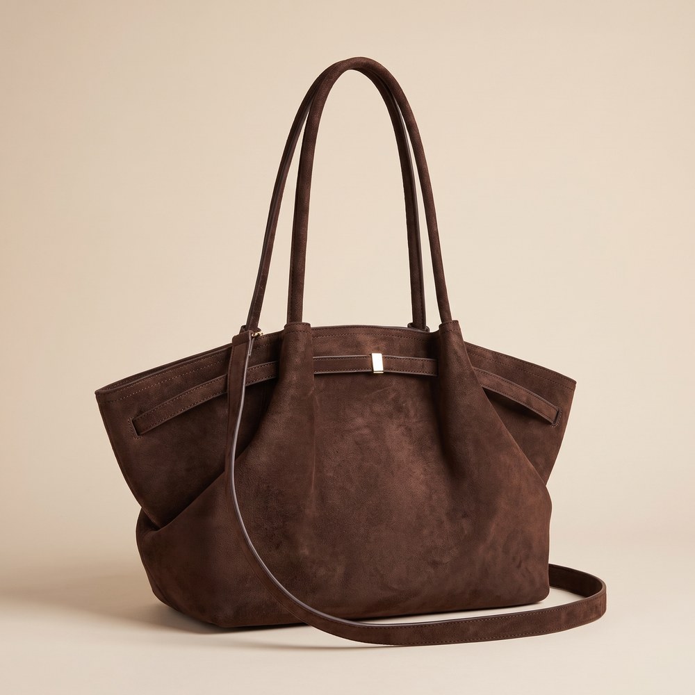 Soft brown suede tote bag with slim shoulder straps
