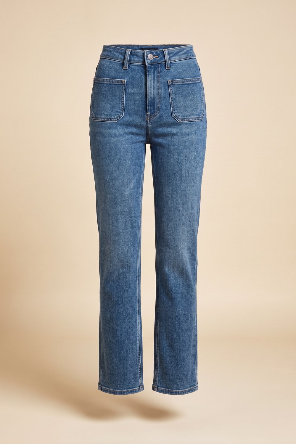 Straight-leg jeans for women over 50 in a medium blue wash