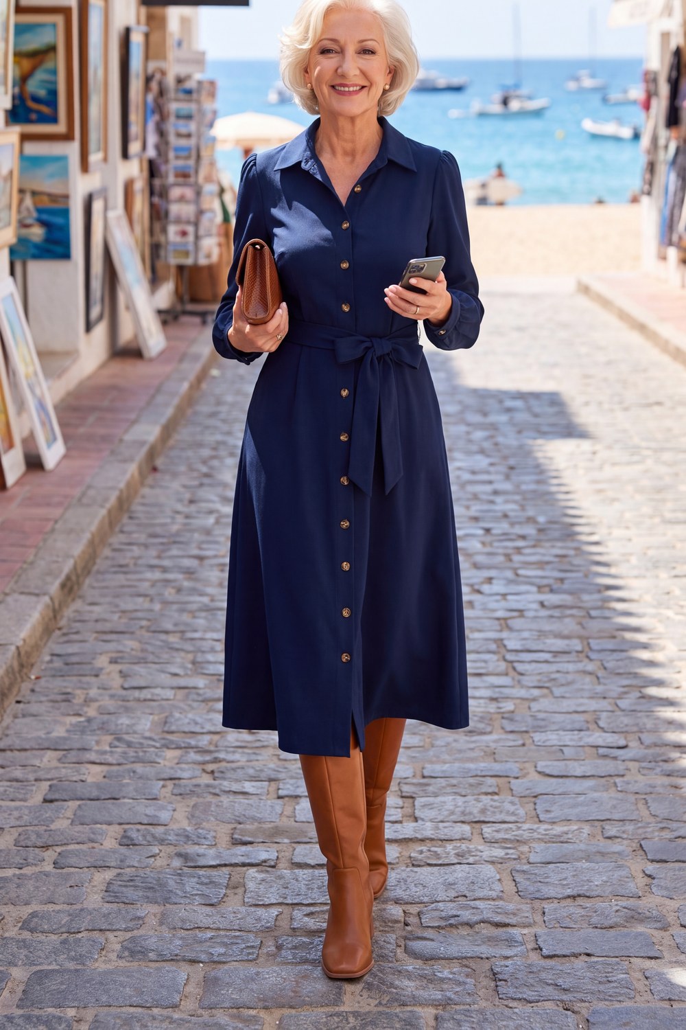 Woman over 50 wearing a navy midi shirtdress with cognac knee-high boots