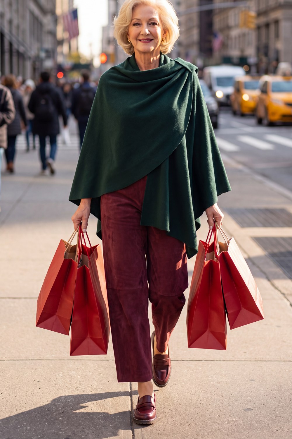 Woman over 50 wearing a green poncho with burgundy wide-leg pants and loafers