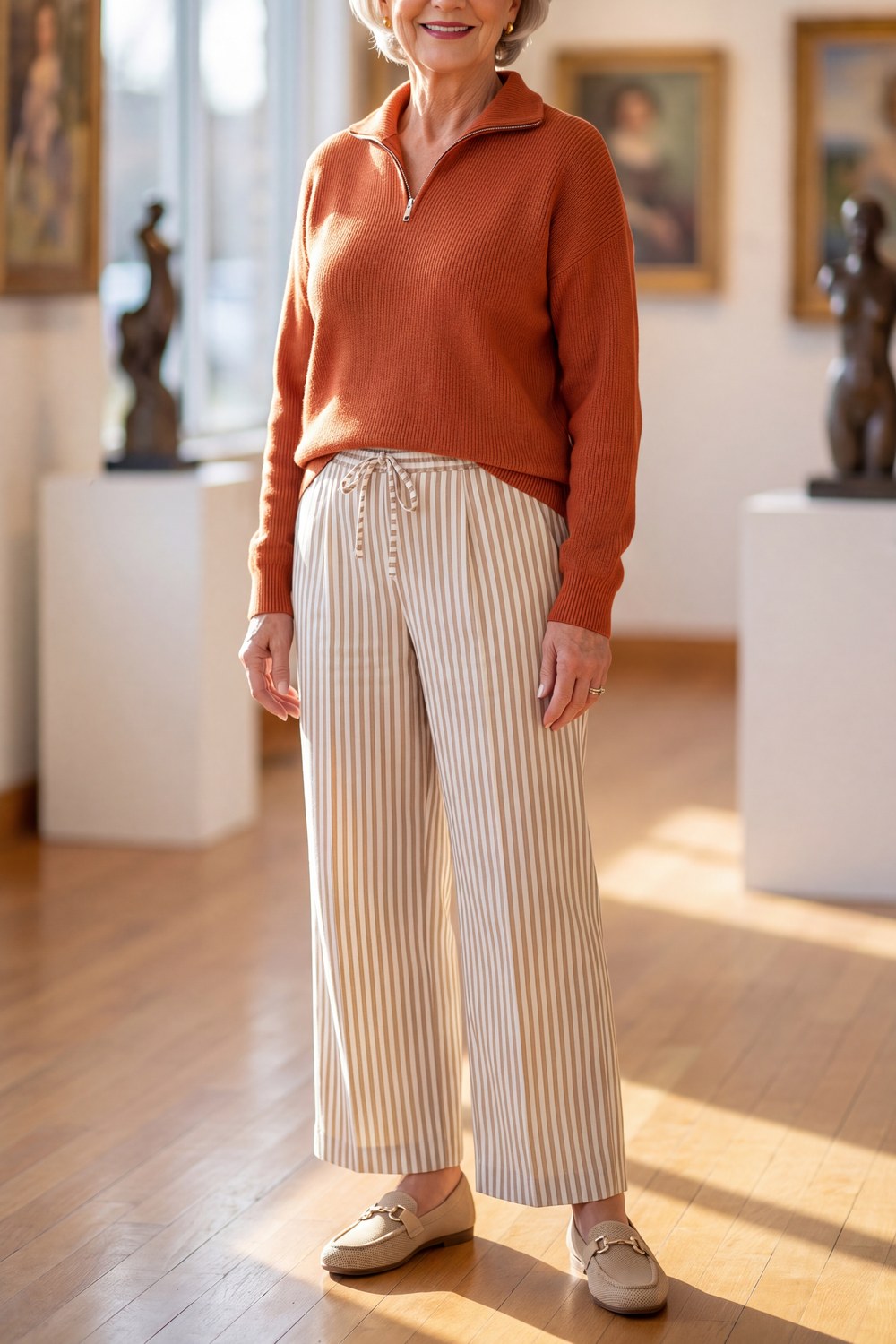 Woman over 50 wearing a rust half-zip sweater with striped wide-leg drawstring pants