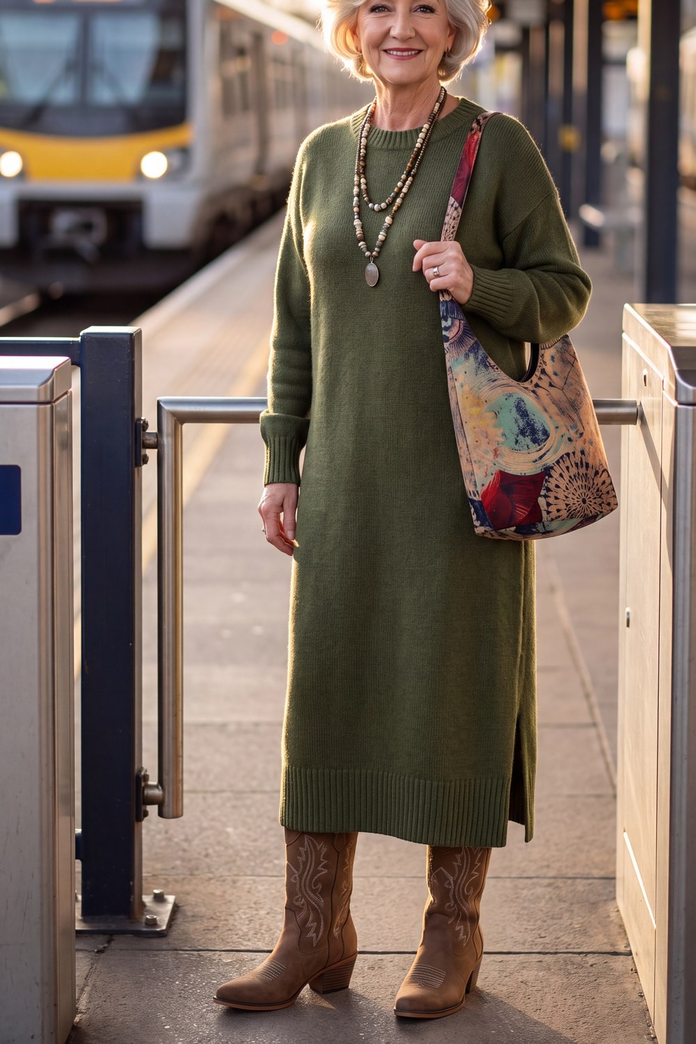 Woman over 50 wearing an olive green sweater dress with brown boots and a long necklace