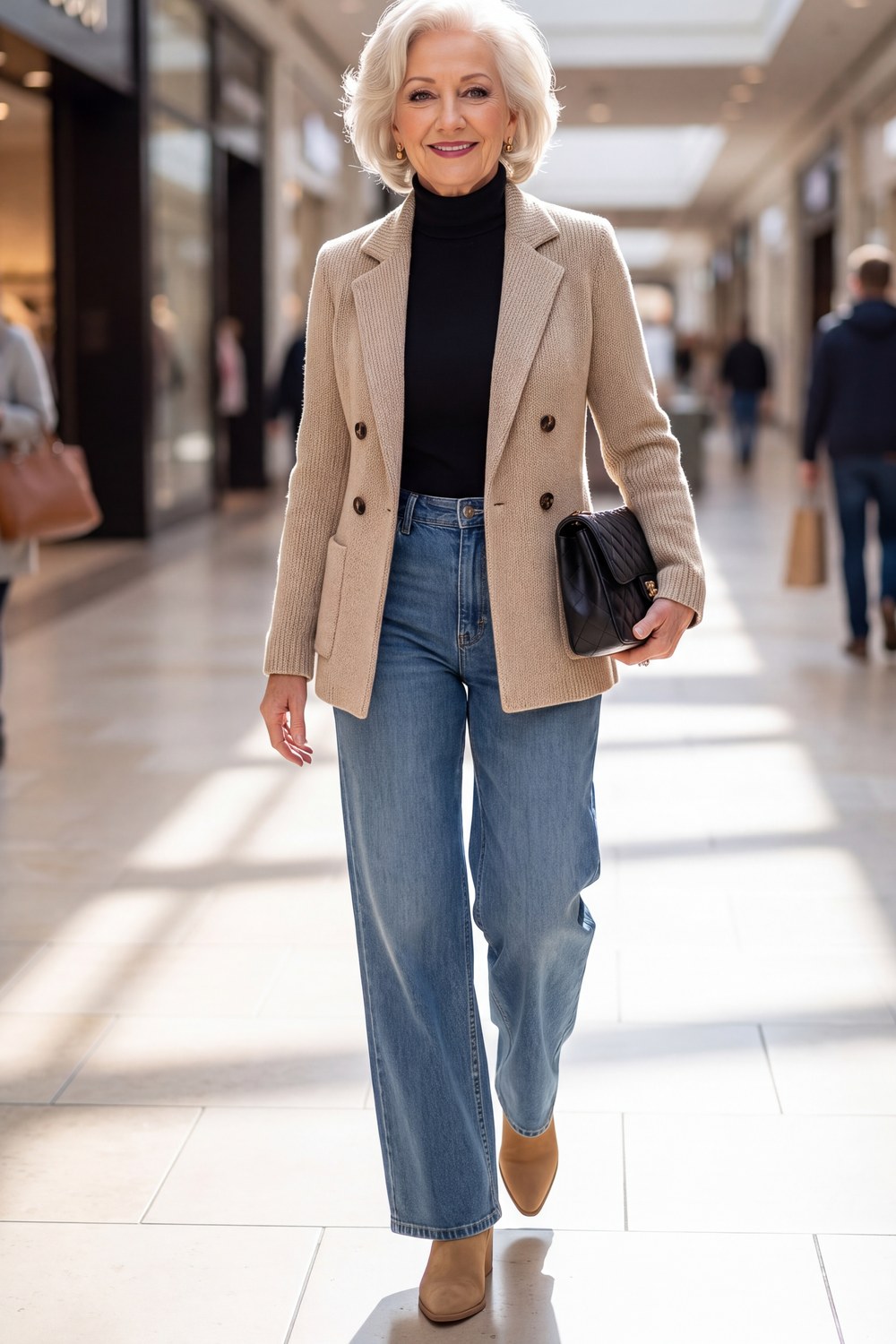 Woman over 50 wearing a beige knit blazer with a black turtleneck and wide-leg jeans