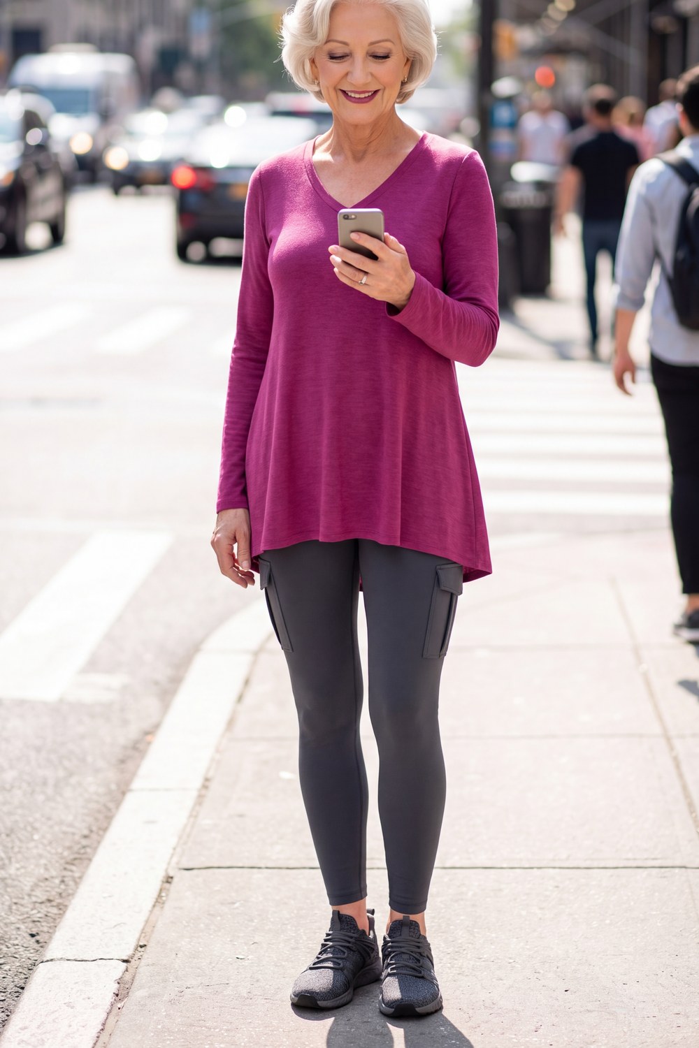 Woman over 50 wearing a magenta tunic with dark leggings and sneakers