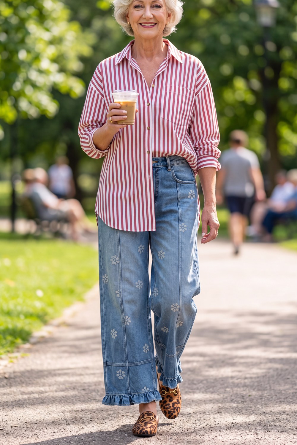 Woman over 50 wearing a striped oversized shirt with wide-leg jeans and leopard loafers