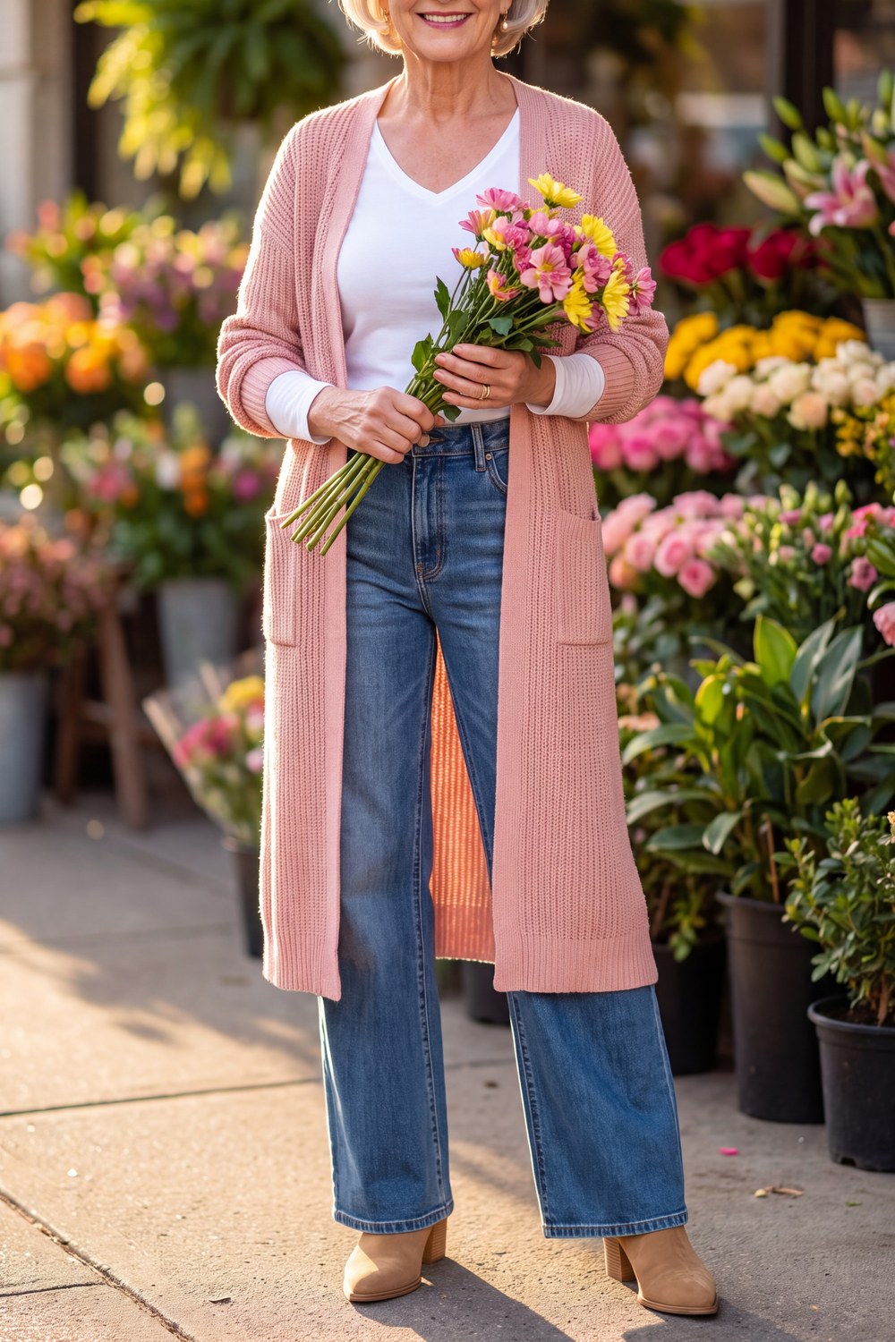 Woman over 50 wearing a dusty pink long cardigan with a white tee, jeans and ankle boots