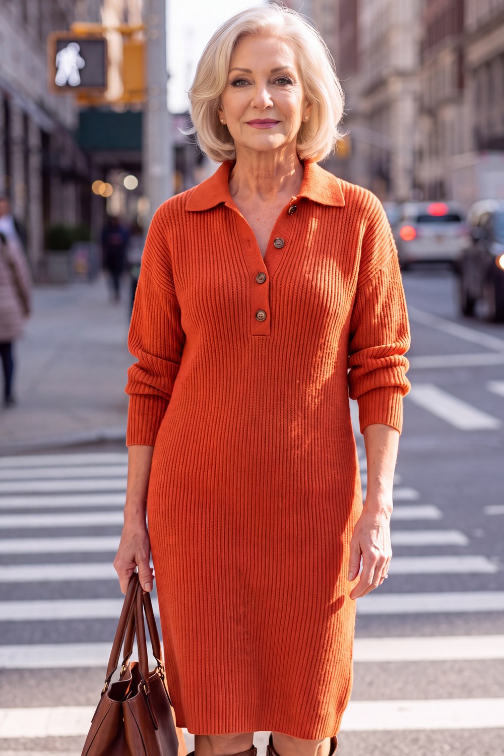 Woman over 50 wearing a rust orange sweater dress with brown boots, a comfy fall outfit