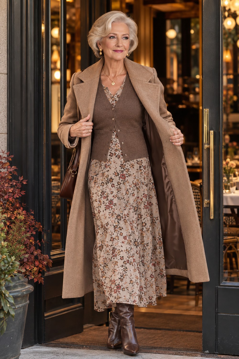 Fall dresses for women over 50 - floral midi dress layered with a camel coat and brown boots