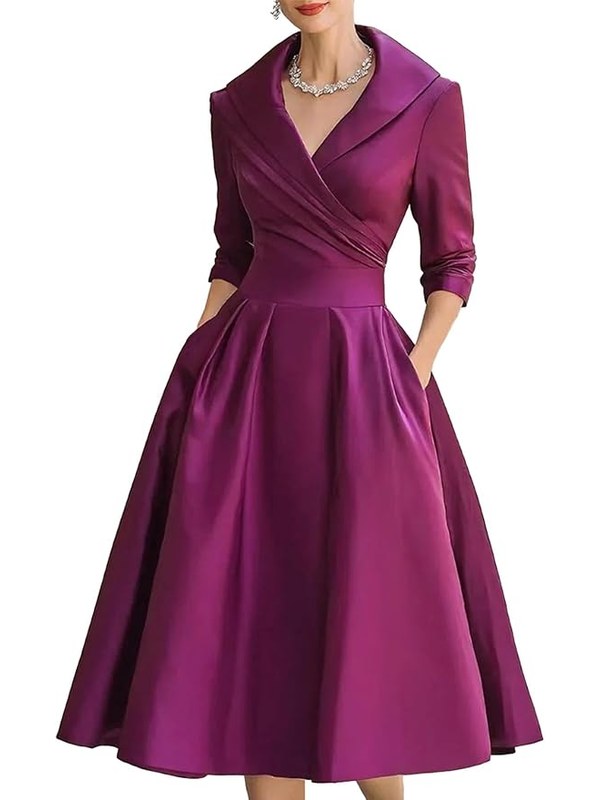 Magenta taffeta dress with a collar and full skirt