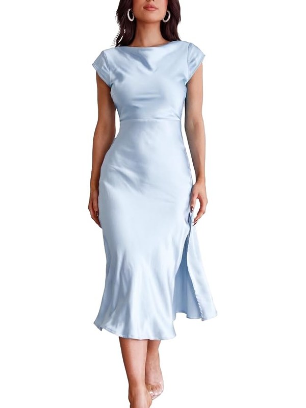 Powder blue satin midi dress with cap sleeves