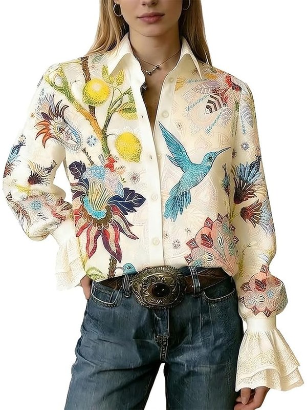 Cream blouse with a botanical and hummingbird print